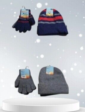 #HL02 Kids Winter Beanie and Gloves Set - Gray / Navy 2 Pairs